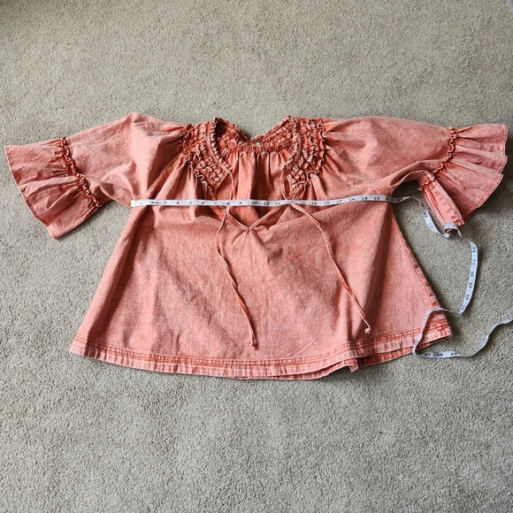Free People Peach Flutter Sleeve Blouse with Smocked Ruffles Boho Bohemian Baggy - Picture 6 of 12